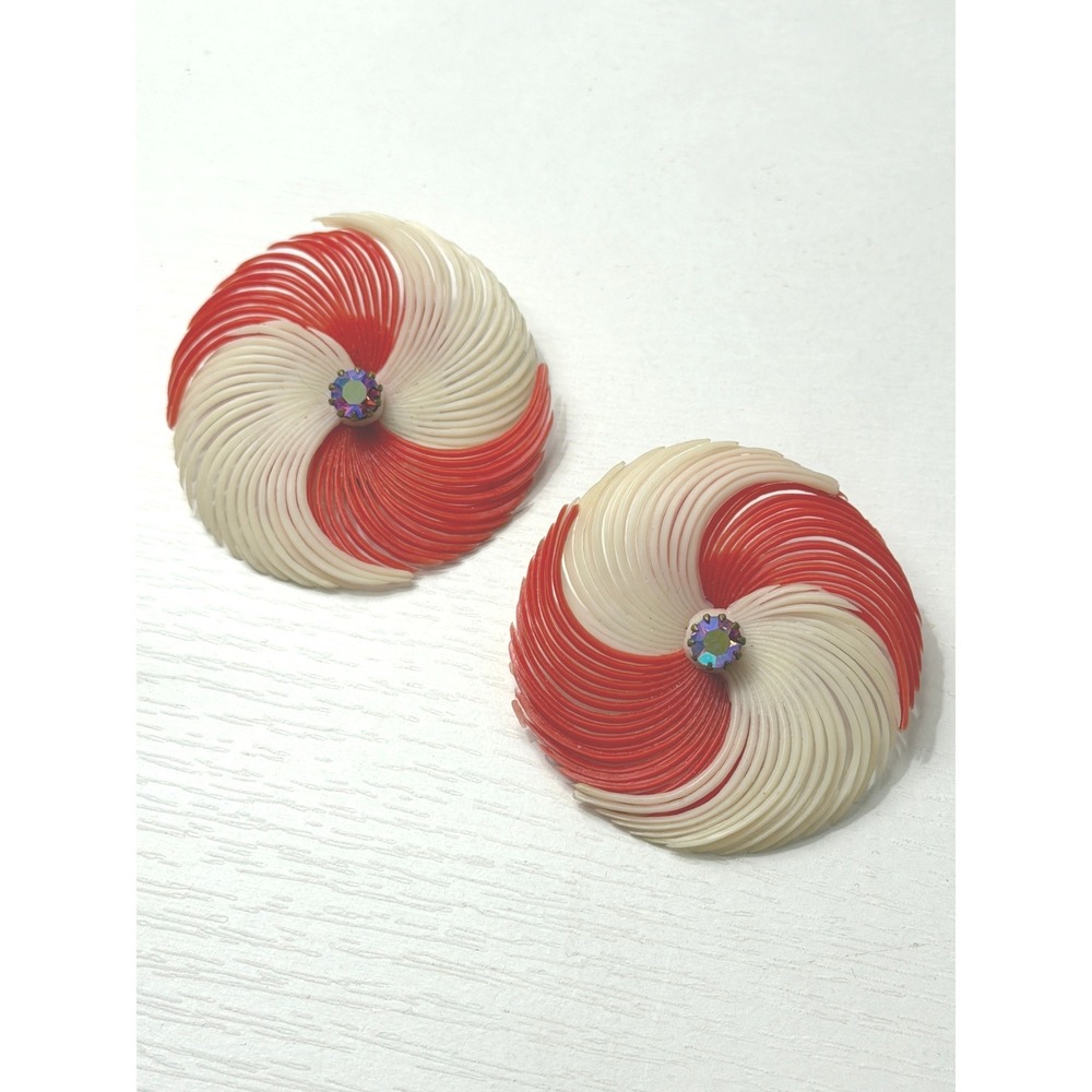 Vintage GERMANY Earrings Clip Ons Resin Red Cream Aurora Borealis Rhinestone - Picture 10 of 11